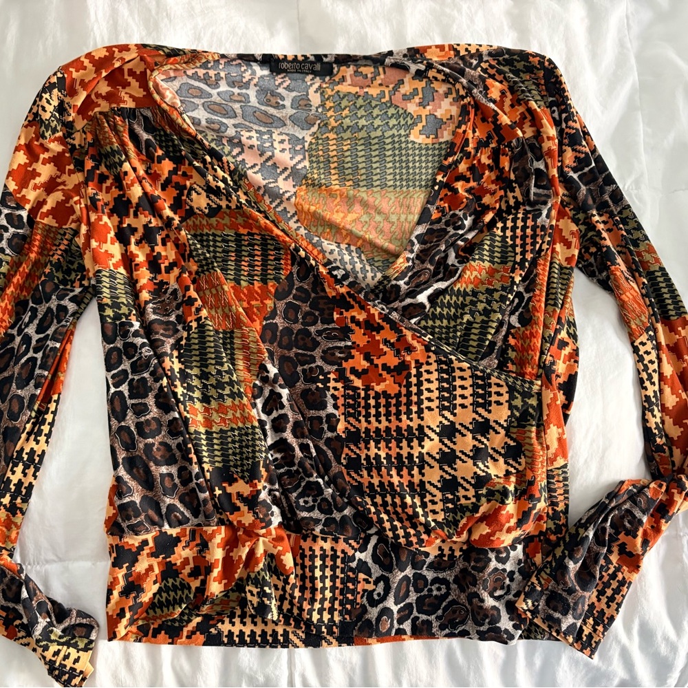 Roberto Cavalli Orange and Black Patchwork Blouse